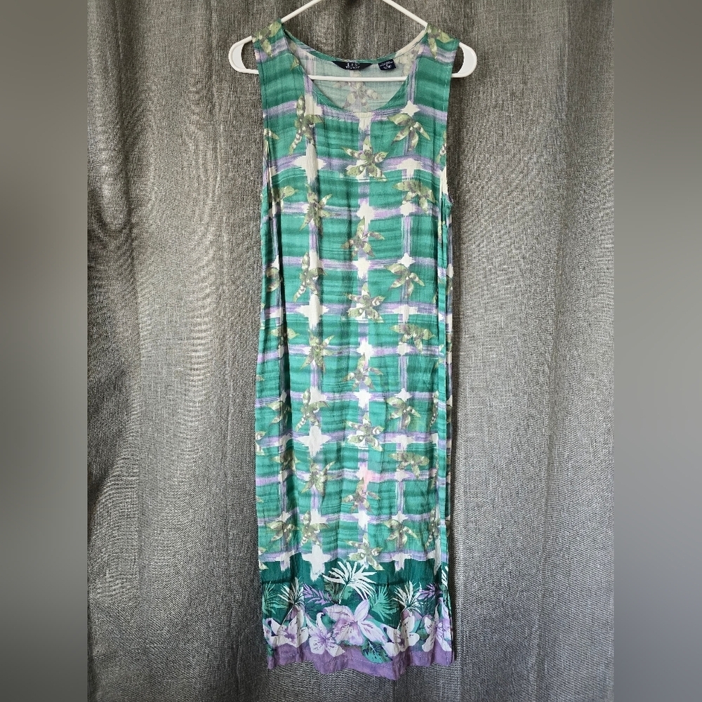 Vtg 90s DPS New York Hawaiian Maxi Dress Side Slit Floral Teal/Purple Size S